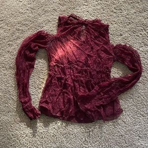 Maroon, Open Shoulder Long Sleeve Lace Shirt